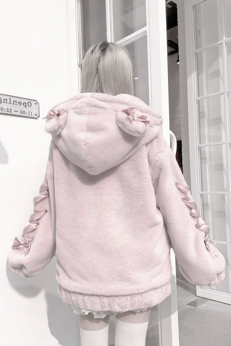 [Sleepy Bear Fluffy] Bear Ears Long Sleeves Bow Lace-Up Hooded Zippered Sweet Jirai Kei Japanese Coat - Product - 10