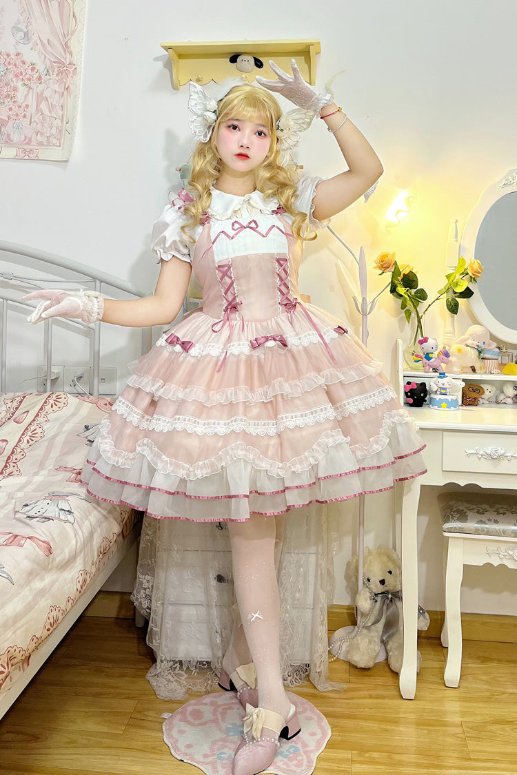 Pink Multi-layer Ruffle Bowknot Lace-Up Ballet Style Sweet Princess Lolita Tiered Dress - Product - 2