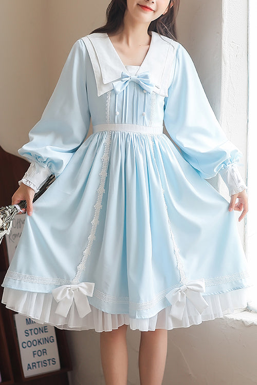 Lapel Collar Lantern Sleeves High Waisted With Bow Sweet Lolita OP Dress - Blue - 1