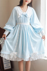 Lapel Collar Lantern Sleeves High Waisted With Bow Sweet Lolita OP Dress - Blue - 1