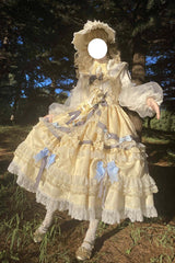 Gold Long Sleeves Multi-Layered Ruffle Bowknot Lace Sweet Princess Lolita Dress - Product - 9