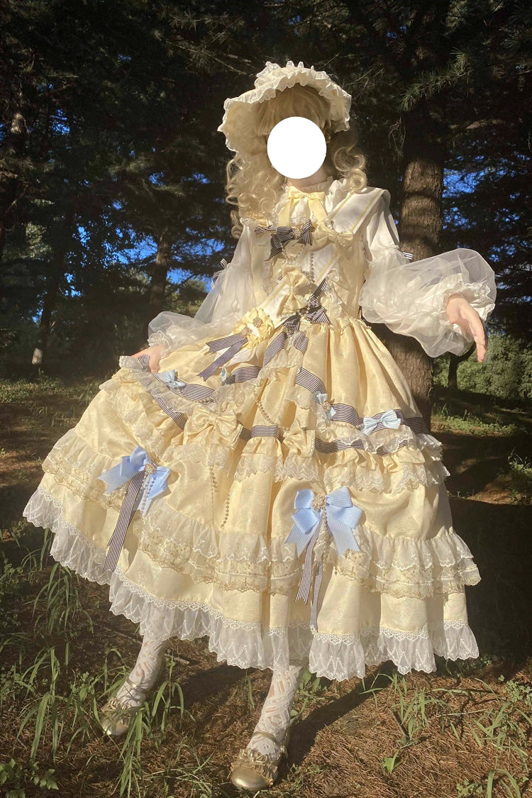 Goud lange mouwen meerlaagse ruches strik kant zoete prinses (set) detailweergave 9