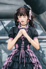 Black/Purple Short Sleeves Multi-Layered Print Ruffle Cardigan Bowknot Asymmetric Sweet Lolita Skirt Set - Product - 8