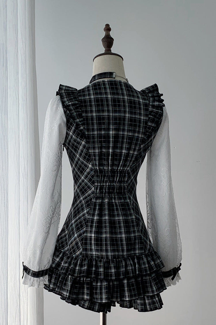 Black/White Square Collar Long Sleeves Jacquard Plaid Printed Ruffled Japanese Vintage Jirai Kei Dress - Product - 2