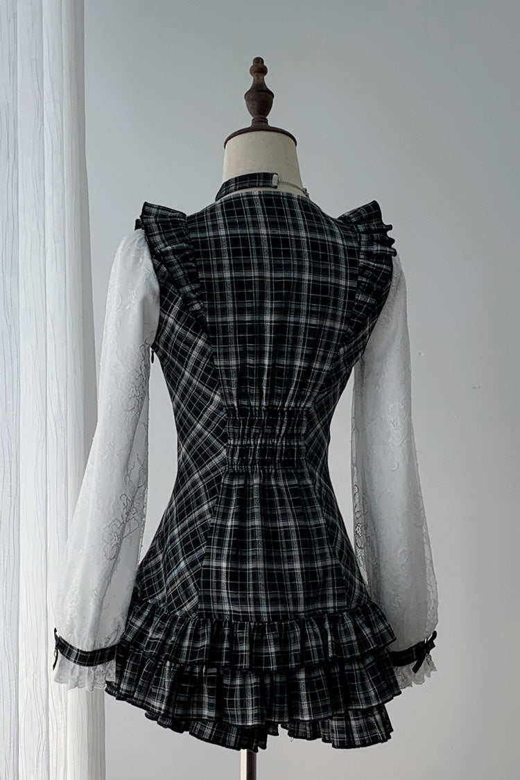 Black/White Square Collar Long Sleeves Jacquard Plaid Printed Ruffled Japanese Vintage Jirai Kei Dress - Product - 2