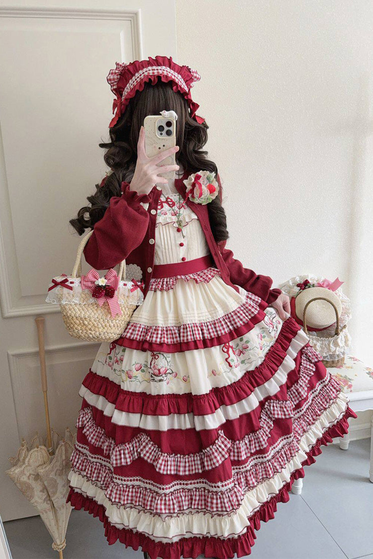 Red [Strawberry Basket] Square Collar Multi-Layered Printed Ruffled Embroidered Bow Sweet Lolita Jsk Dress - Product - 7