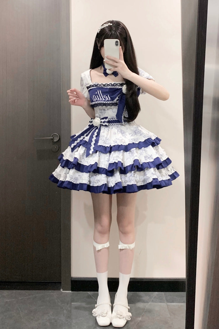 Blue/White Porcelain Print Multi-layer Ruffle Embroidery Bowknot Sweet Lolita Dress - Product - 5