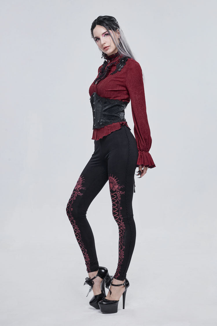 Black/Red Printed Decoration Tie Rope Elasticity Women's Gothic Leggings - Product - 5