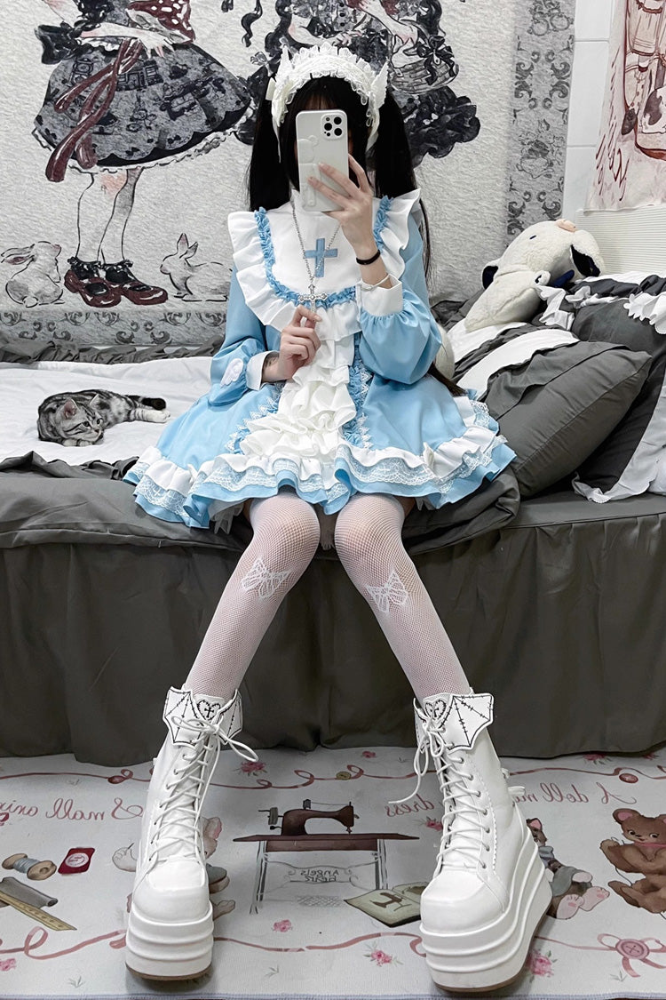 White/Blue Long Sleeves Multi-layer Cross Print Nun Style Ruffle Sweet Lolita Dress - Product - 9