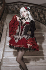 Black/Red [Blood Clan Feast] Ruffle Embroidery Lace Gothic Lolita Jsk Dress Set - Black/Red - 1