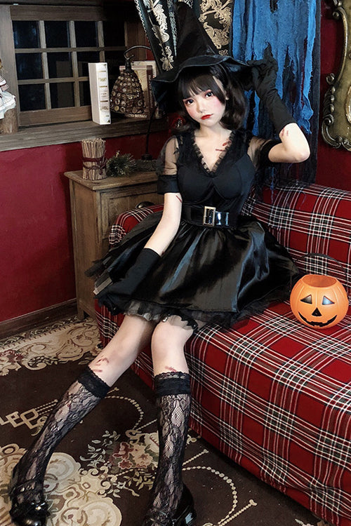 Black V Collar Demon Witch Gothic Lolita Dress Full Set - Product - 2