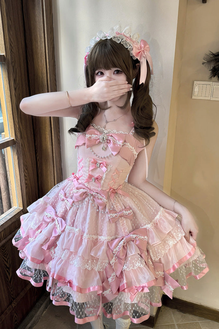 Pink [Love of Gemstones] Sleeveless Triple-Layered Ruffled Bow Lace Pearl-Decorated Sweet Lolita Jsk Dress - Product - 5