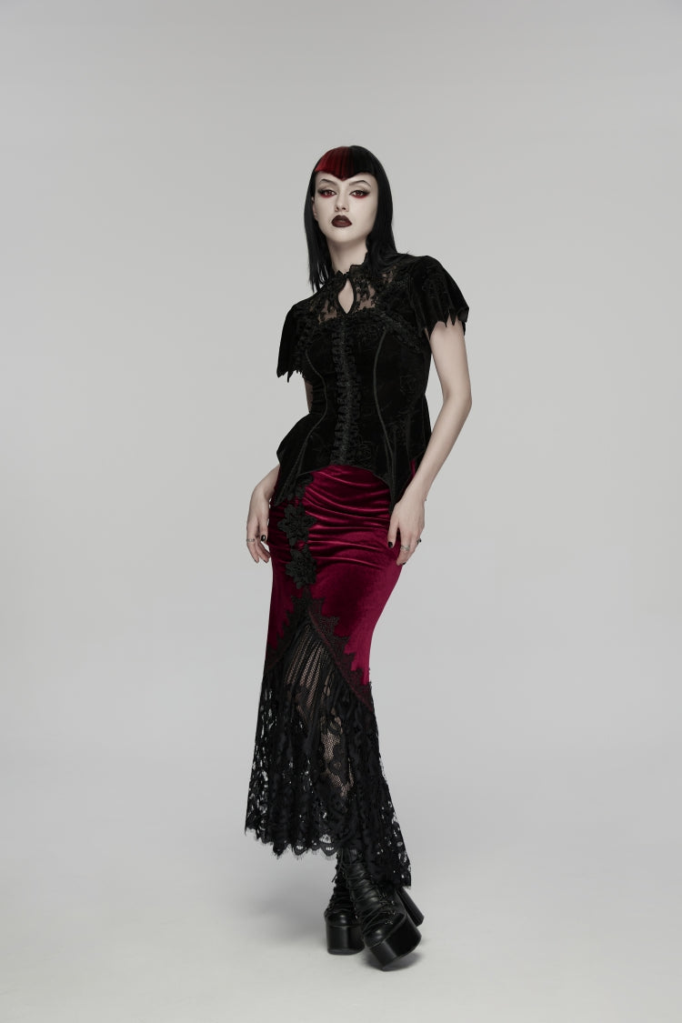 Black/Red Embroidered Lace Slim Women's Gothic Fishtail Velvet Skirt - Product - 7
