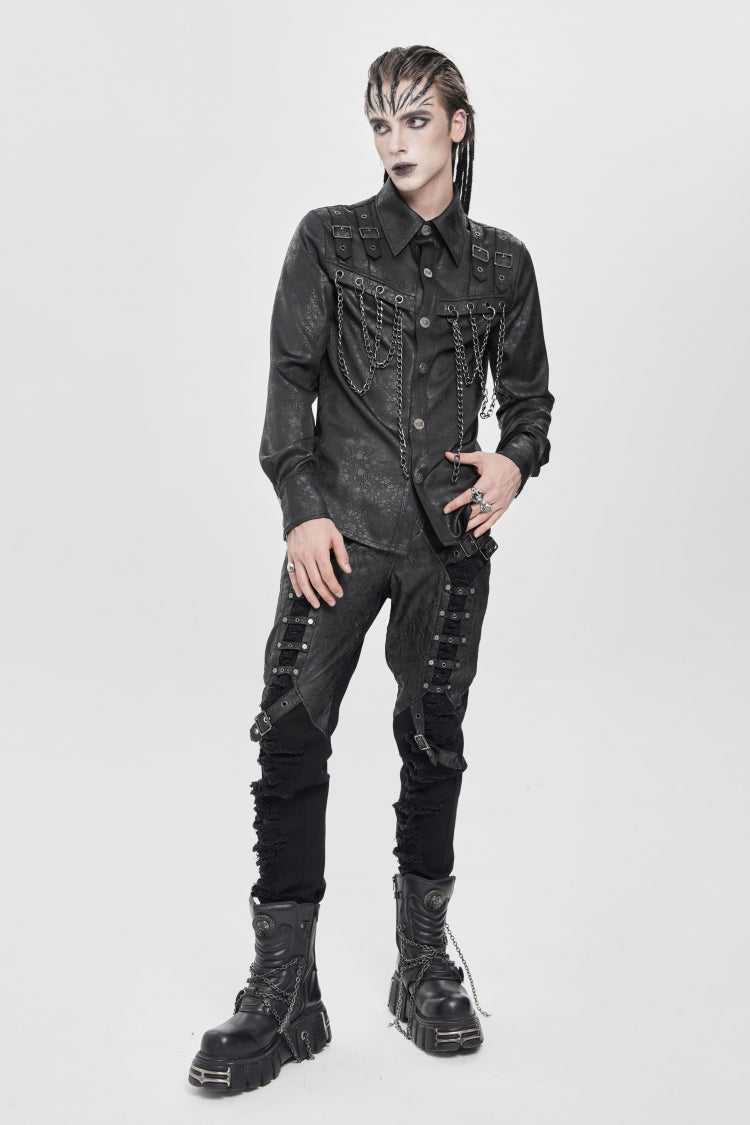 Black Ripped Buckle Straps Men's Punk Pants - Product - 5