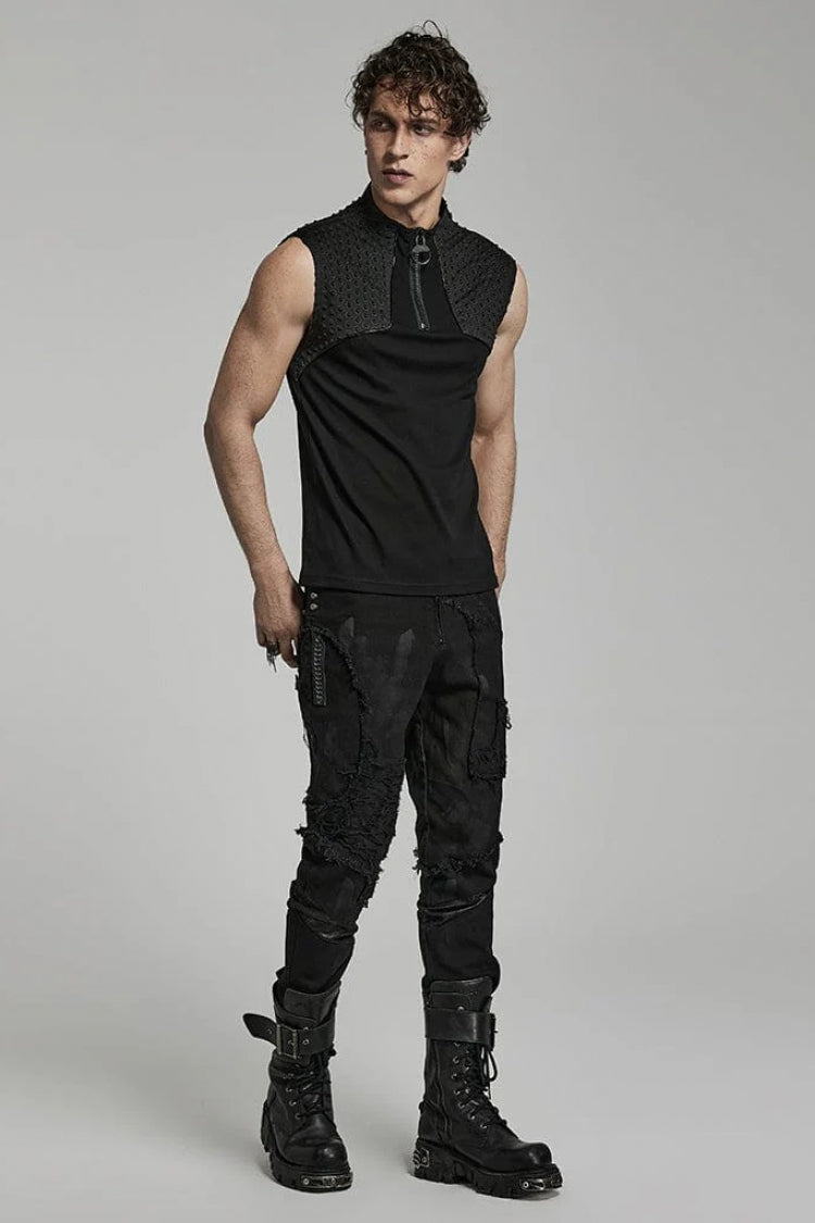 Black Sleeveless Stitching Zipper Mens Steampunk Vest - Product - 4