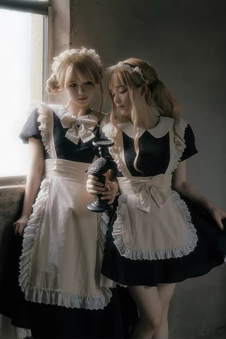 Black/White Round Collar Short Sleeves Ruffled Bow Sweet Elegant Lolita Maid Dress 2 Versions - Black/White(Short) - 1