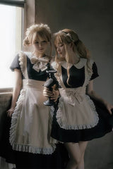 Black/White Round Collar Short Sleeves Ruffled Bow Sweet Elegant Lolita Maid Dress 2 Versions - Black/White(Short) - 1