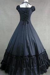 Black Cotton Cap Sleeves Floor Length Bowknot Cardigan Multi-Layer Pleats Victorian Gothic Lolita Strap Dress - Product - 2