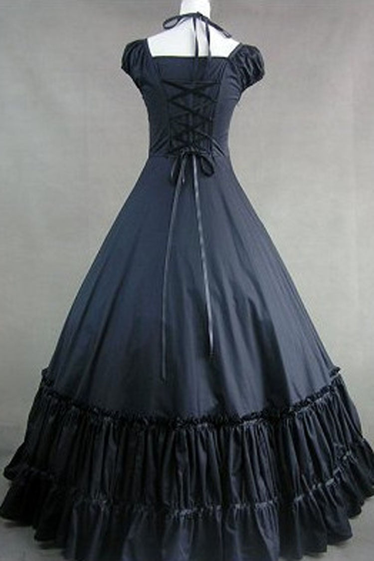 Black Cotton Cap Sleeves Floor Length Bowknot Cardigan Multi-Layer Pleats Victorian Gothic Lolita Strap Dress - Product - 2