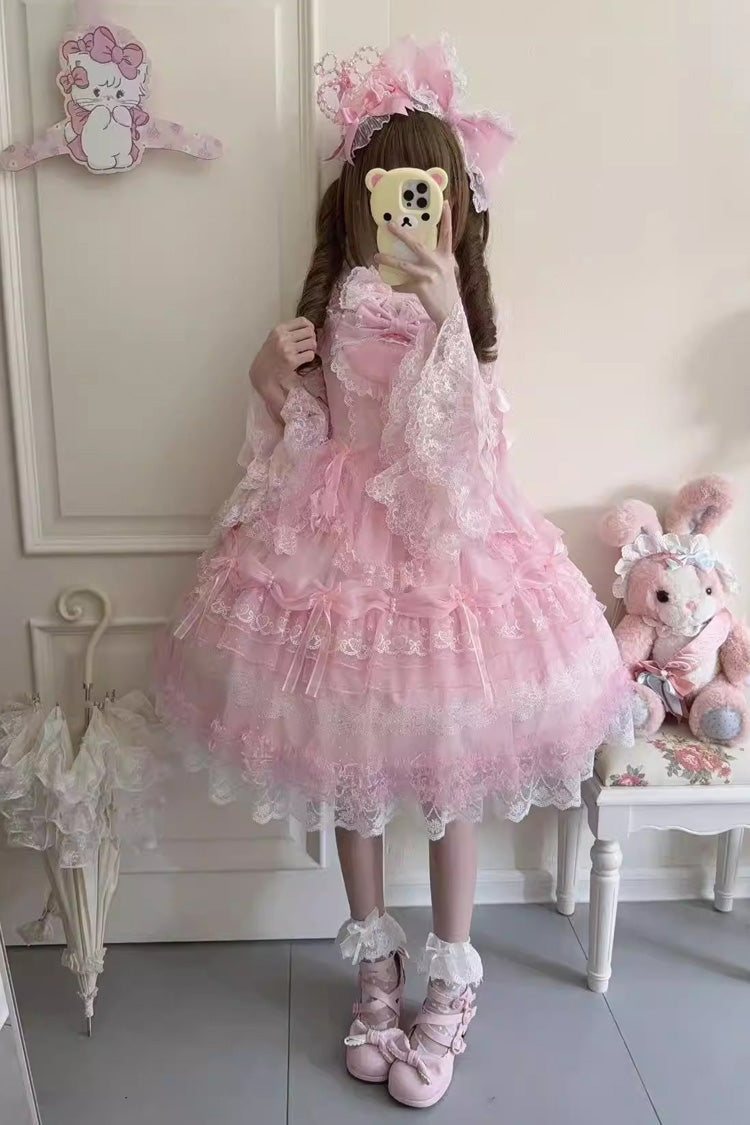 Pink [Sugar Heart Knot] Multi-Layered Ruffled Bow Lace Sweet Lolita Jsk Dress - Product - 7