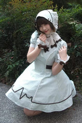 Light Green [Mint Prescription] Stand Collar Short Sleeves Vertical Stripe Printed Bow Sweet Lolita Nurse Dress - Product - 14