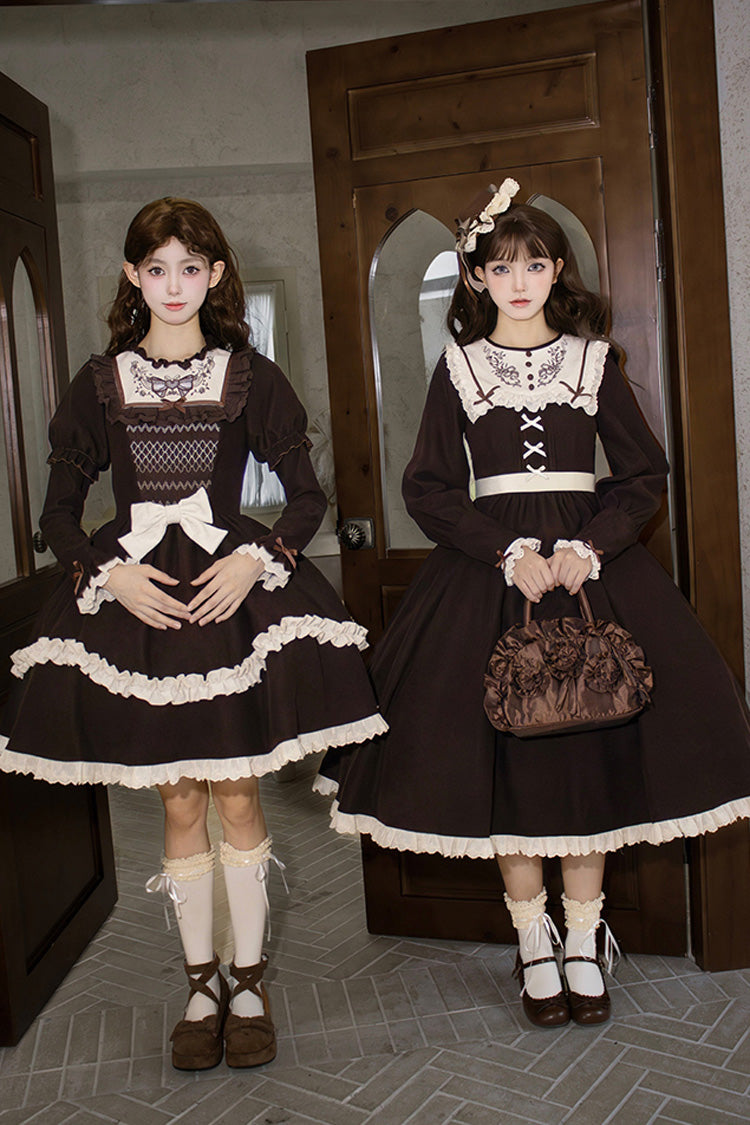 Brown [Miss Brown] Long Sleeves Double-Layered Ruffle Bouquet Embroidery Bowknot Sweet Lolita Dress (Short Version) - Product - 8