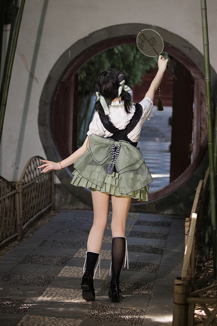 Black/Green Multi-Layered Bamboo Leaves Print Ruffle Bowknot Sweet Chinese Style Lolita Skirt Set - Product - 7