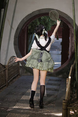 Black/Green Multi-Layered Bamboo Leaves Print Ruffle Bowknot Sweet Chinese Style Lolita Skirt Set - Product - 7
