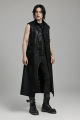 Black Stand Collar Sleeveless Faux Leather Men's Punk Long Vest - Product - 2