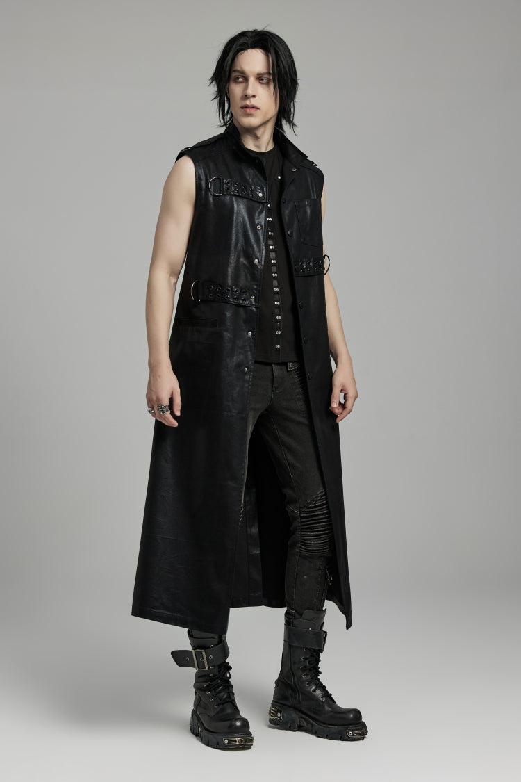 Black Stand Collar Sleeveless Faux Leather Men's Punk Long Vest - Product - 2