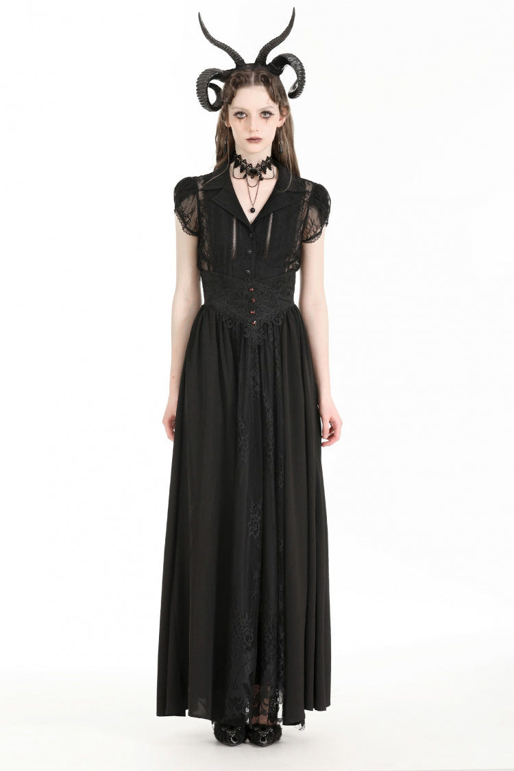 Black High Waisted Heart Embroidered Lace Women's Gothic Maxi Skirt - Product - 5
