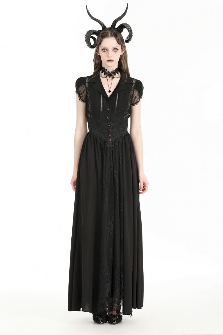 Black High Waisted Heart Embroidered Lace Women's Gothic Maxi Skirt - Product - 5