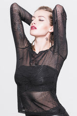 Black Spiderweb Jacquard Classic Style Round Collar Long Sleeves Mesh Women Gothic T-Shirt - Product - 2
