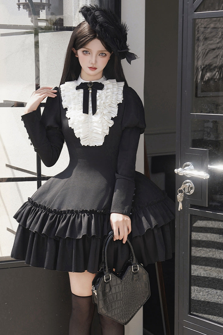 Black [Miss Weir] Stand Collar Long Sleeves Double-Layered Ruffle Gothic Lolita Dress - Black - 1