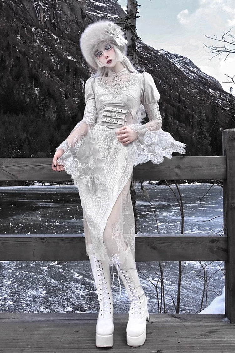 Silver [The Call of the Snow Country] V Collar Long Sleeves High Waisted Ruffle Lace Gothic Lolita Fishtail Dress - Product - 3