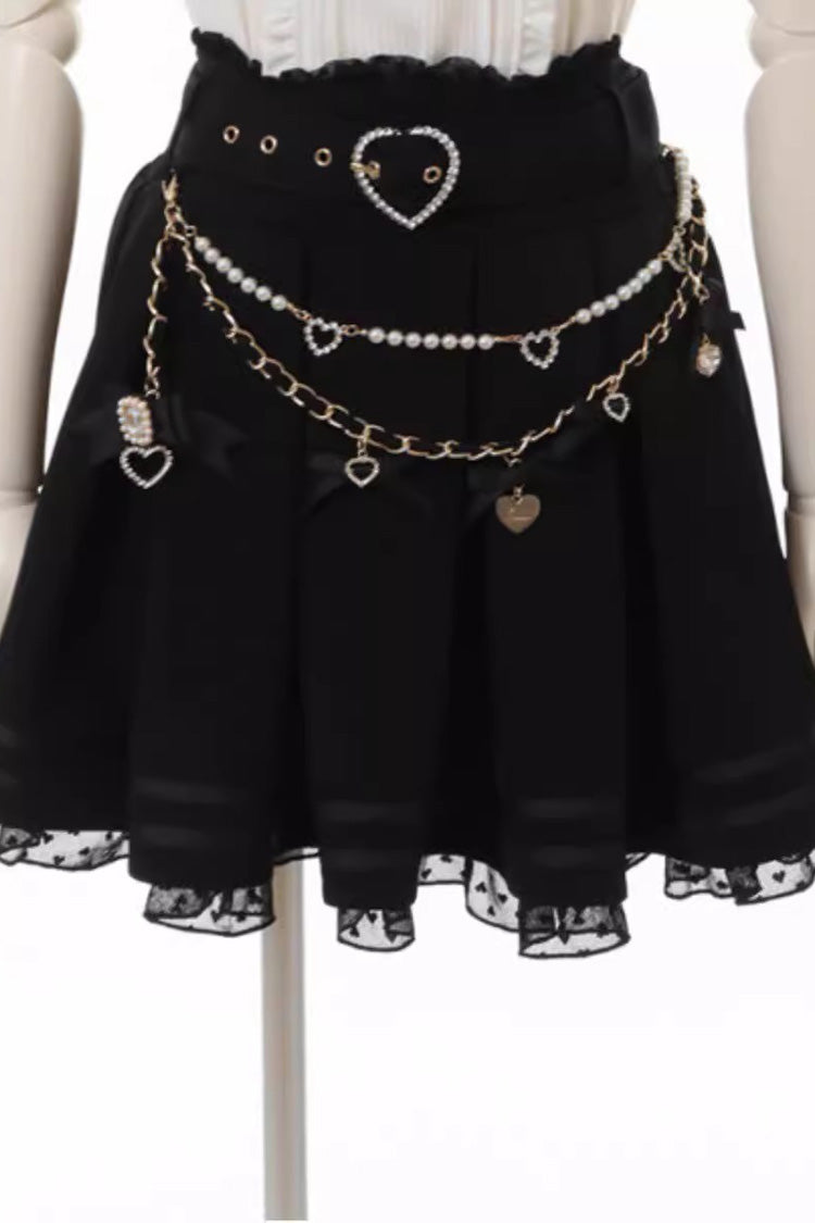 Sweet Heart Belt Printed Ruffled Bow Pearl-Decorated Chain-Decorated Plus Size Pleated Jirai Kei Skirt - Black - 4