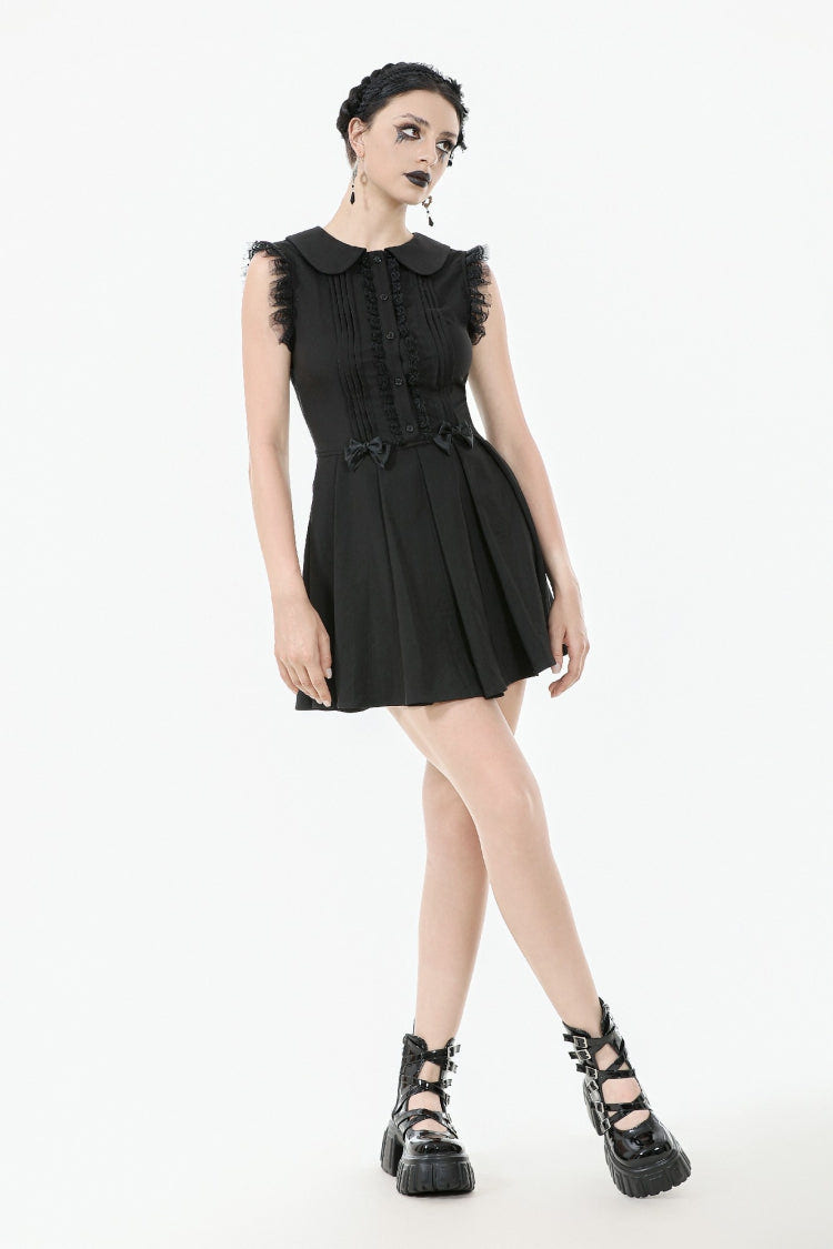 Black Peter Pan Collar Sleeveless Bowknot Pleated Women's Gothic Graduation Dress - Product - 9