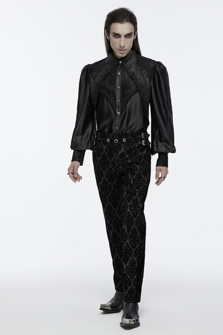 Black Long Puff Sleeves Spliced Lace Men's Gothic Shirt - Product - 4