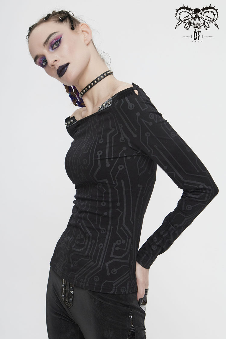Black Printed Circuit Board Pattern Off-Shoulder Leather Strip Rivet Tight Women's Punk T-Shirt - Product - 2