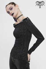 Black Printed Circuit Board Pattern Off-Shoulder Leather Strip Rivet Tight Women's Punk T-Shirt - Product - 2