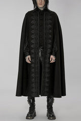 Black Punk Stand Collar Front Lacework Decorate Side Slit Long Men's Cloak - Black - 1