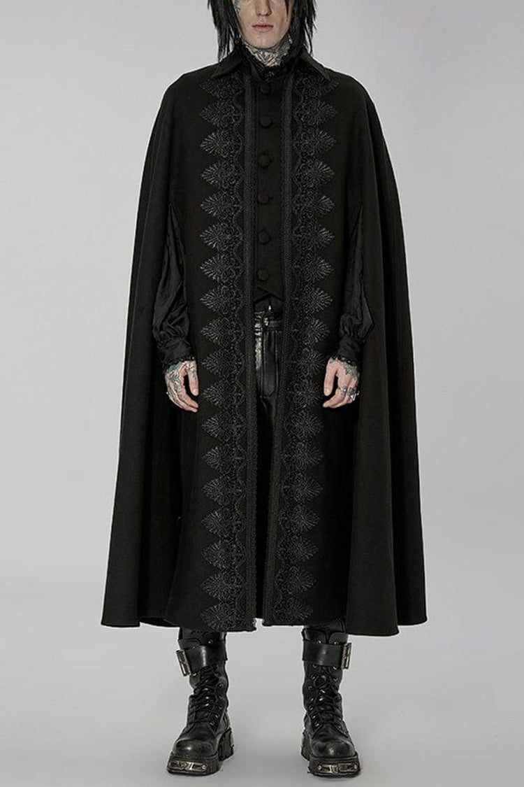 Black Punk Stand Collar Front Lacework Decorate Side Slit Long Men's Cloak - Black - 1