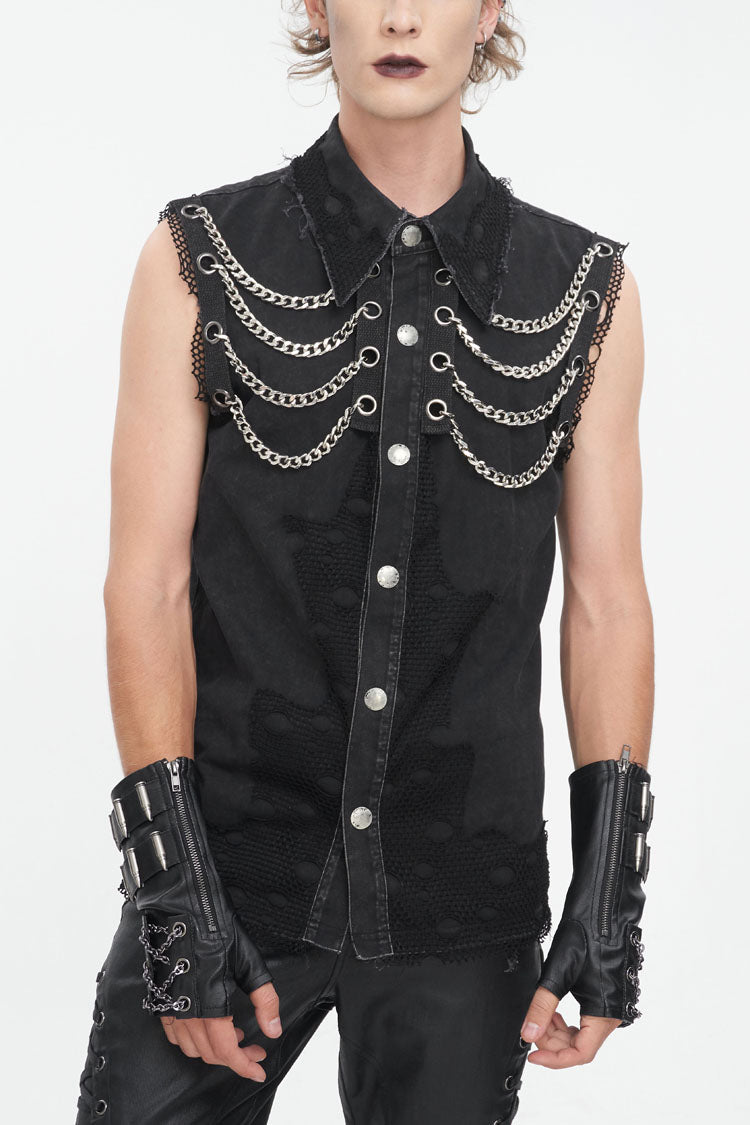 Black Lapel Collar Sleeveless Slim Men's Punk Vest - Black - 1