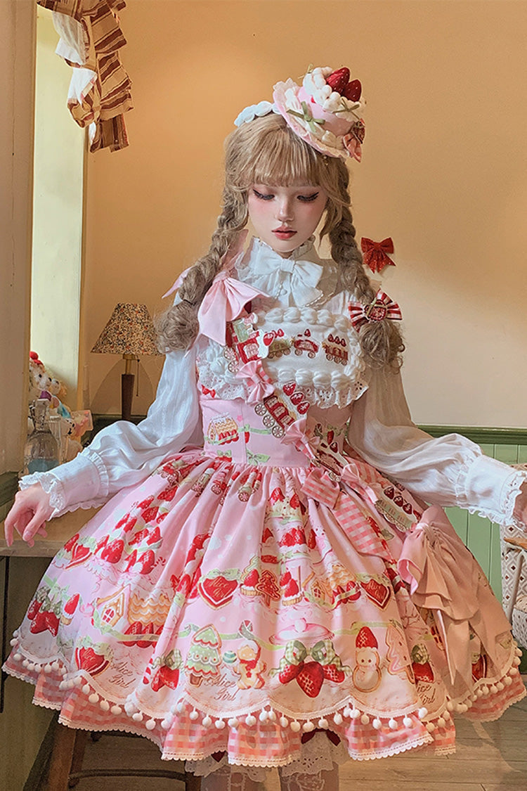 Mint Strawberry Dessert Print Natural Waisted Ruffle Bowknot Sweet Lolita JSK Dress 4 Colors - Product - 15