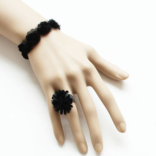 Black Retro Fashion Simple Lace Flower Female Ring Bracelet - Black - 1