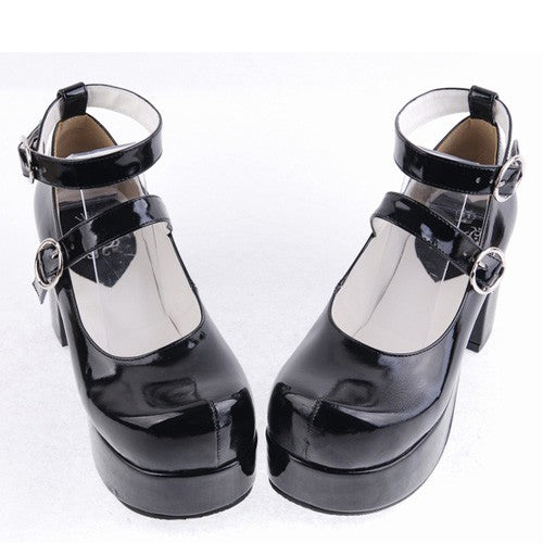 Black Synthetic Leather Round Toe Cross Straps Platform Lolita Shoes - Product - 2