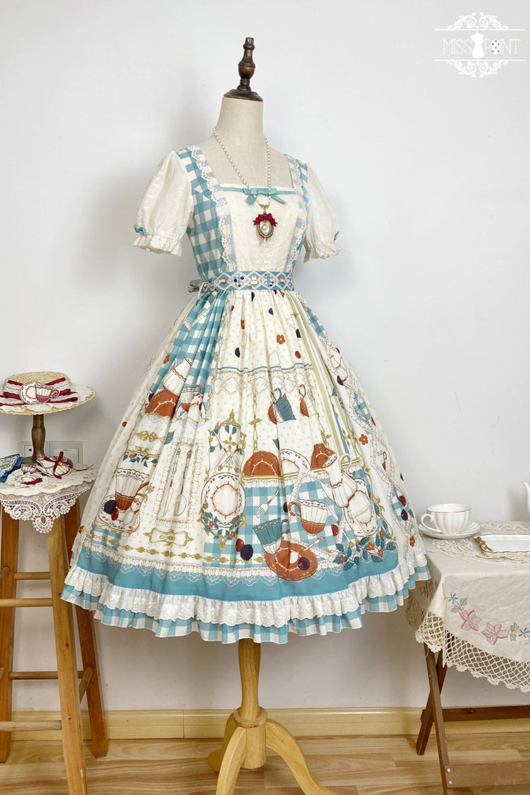 Blue/Green [Tea Party] Short Sleeves Print Ruffle Bowknot Lace Sweet Elegant Lolita Dress - Product - 12