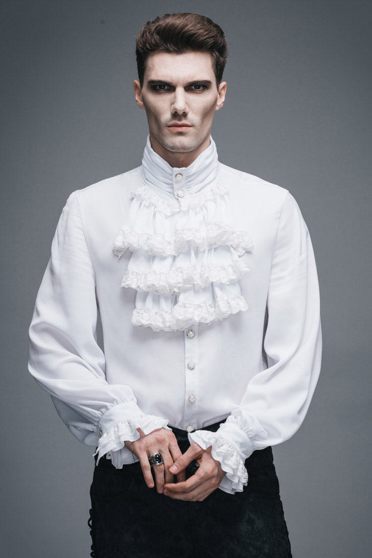 White Ruffled Lace Button-Up Micro-bullet Chiffon Long Sleeve Men's Gothic Shirt - Product - 2