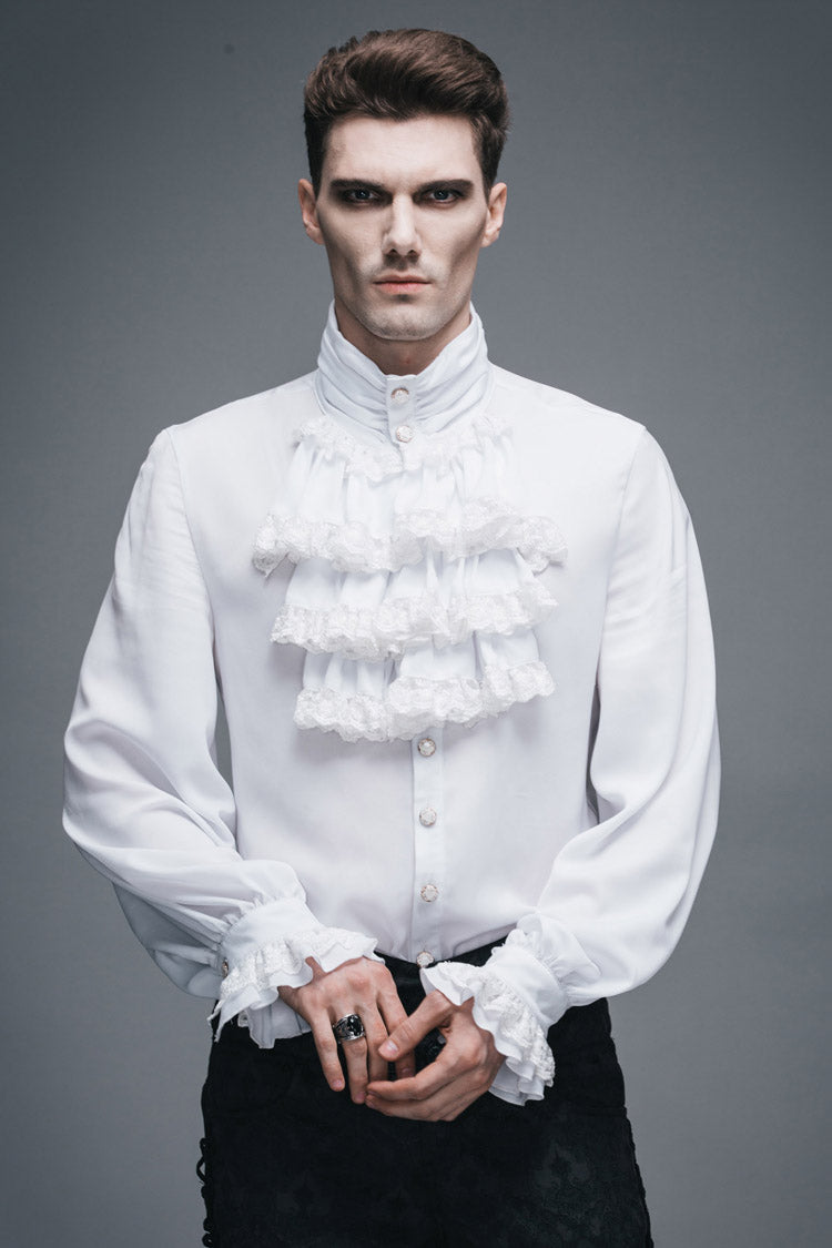 White Ruffled Lace Button-Up Micro-bullet Chiffon Long Sleeve Men's Gothic Shirt - Product - 2