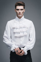 White Ruffled Lace Button-Up Micro-bullet Chiffon Long Sleeve Men's Gothic Shirt - Product - 2
